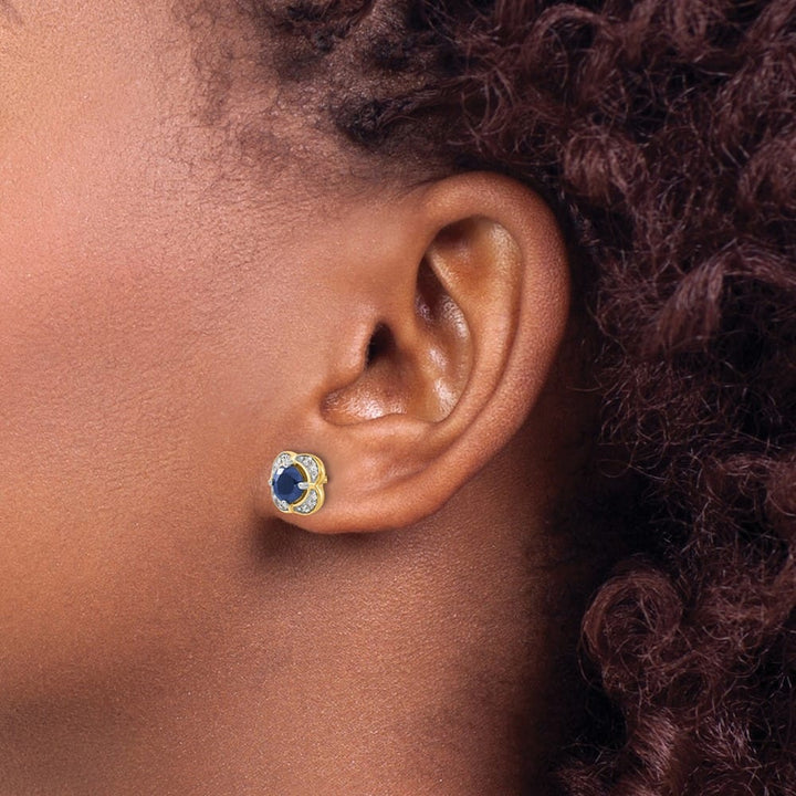 14K Yellow Gold 5.2mm Round Sapphire and Diamond Square Post Earrings, view 3 of 4