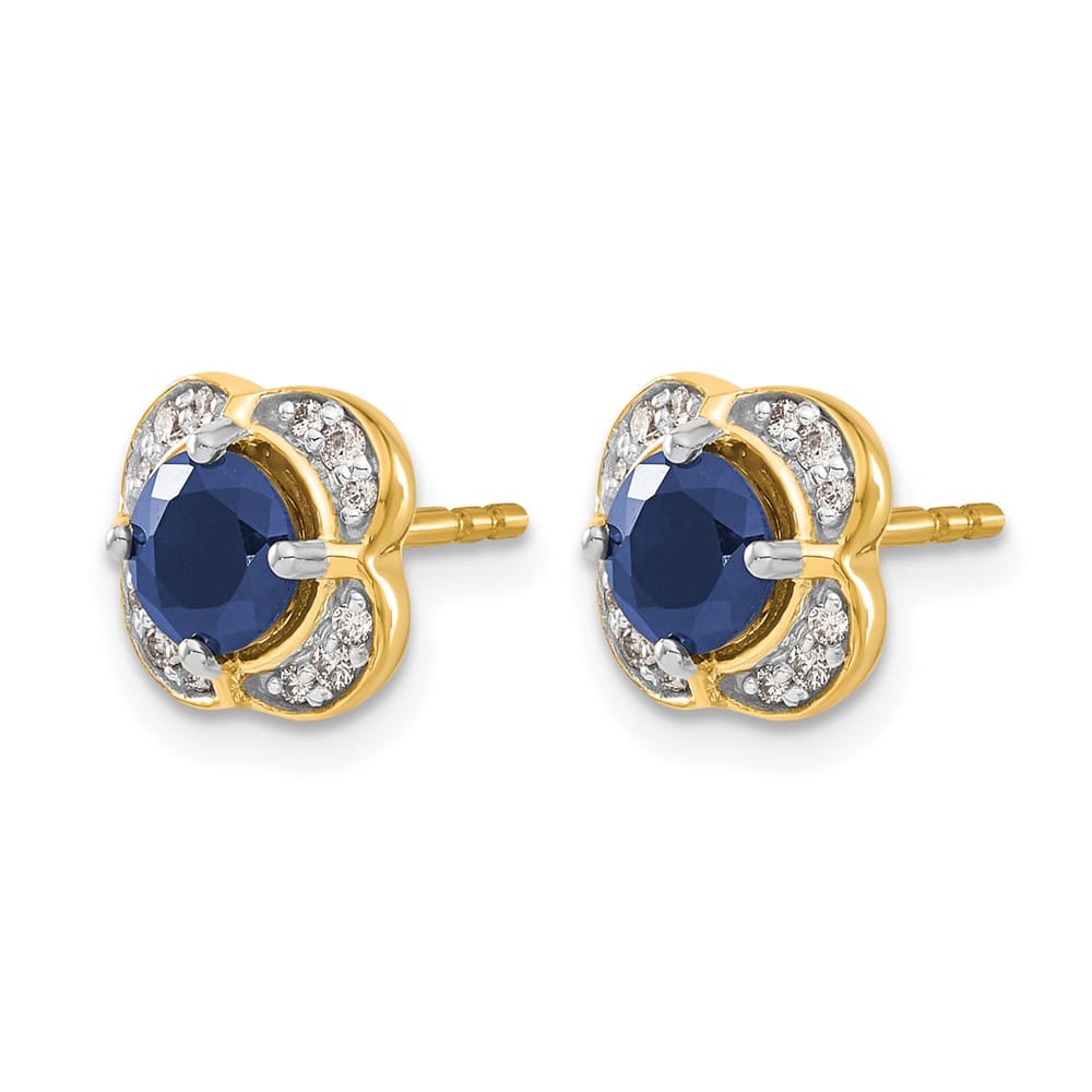 14K Yellow Gold 5.2mm Round Sapphire and Diamond Square Post Earrings, view 2 of 4