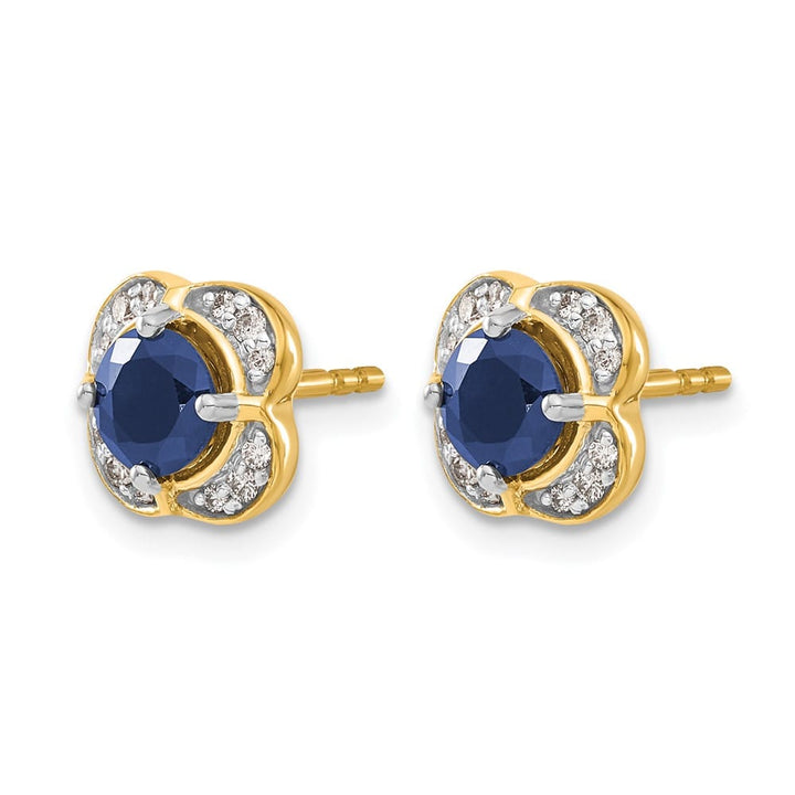14K Yellow Gold 5.2mm Round Sapphire and Diamond Square Post Earrings, view 2 of 4
