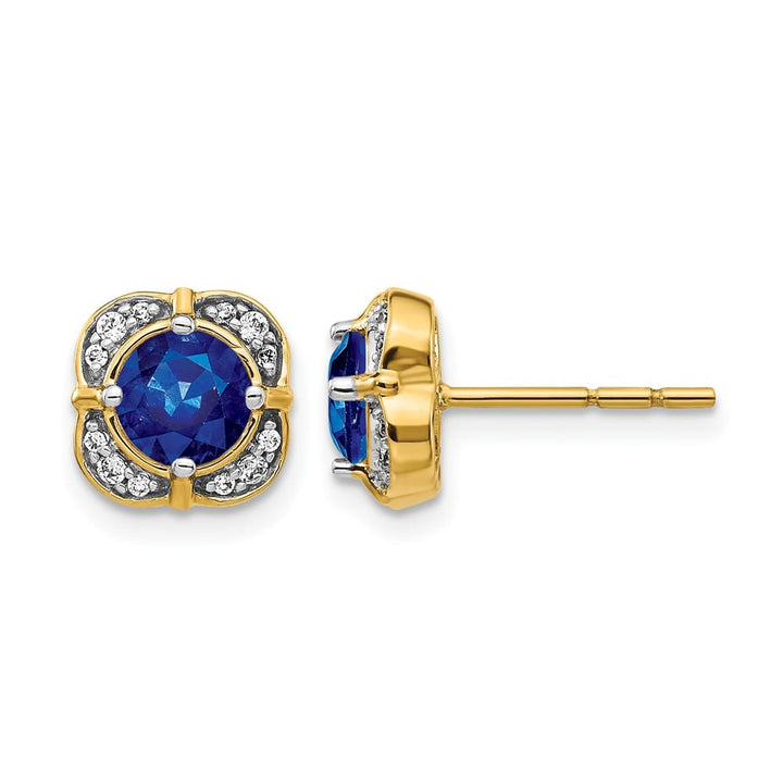 14K Yellow Gold 5.2mm Round Sapphire and Diamond Square Post Earrings, view 1 of 4