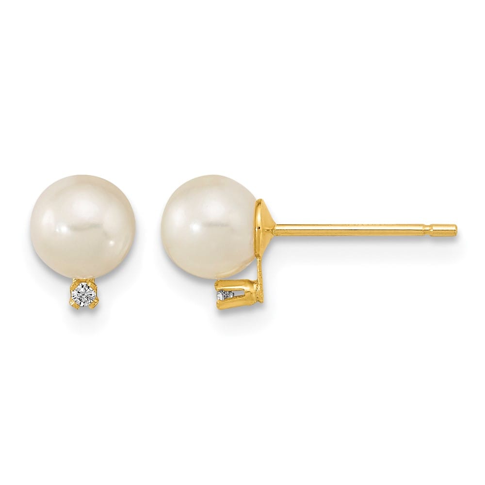 14K Yellow Gold 5-5.5mm White Round Freshwater Pearl and CZ Earrings