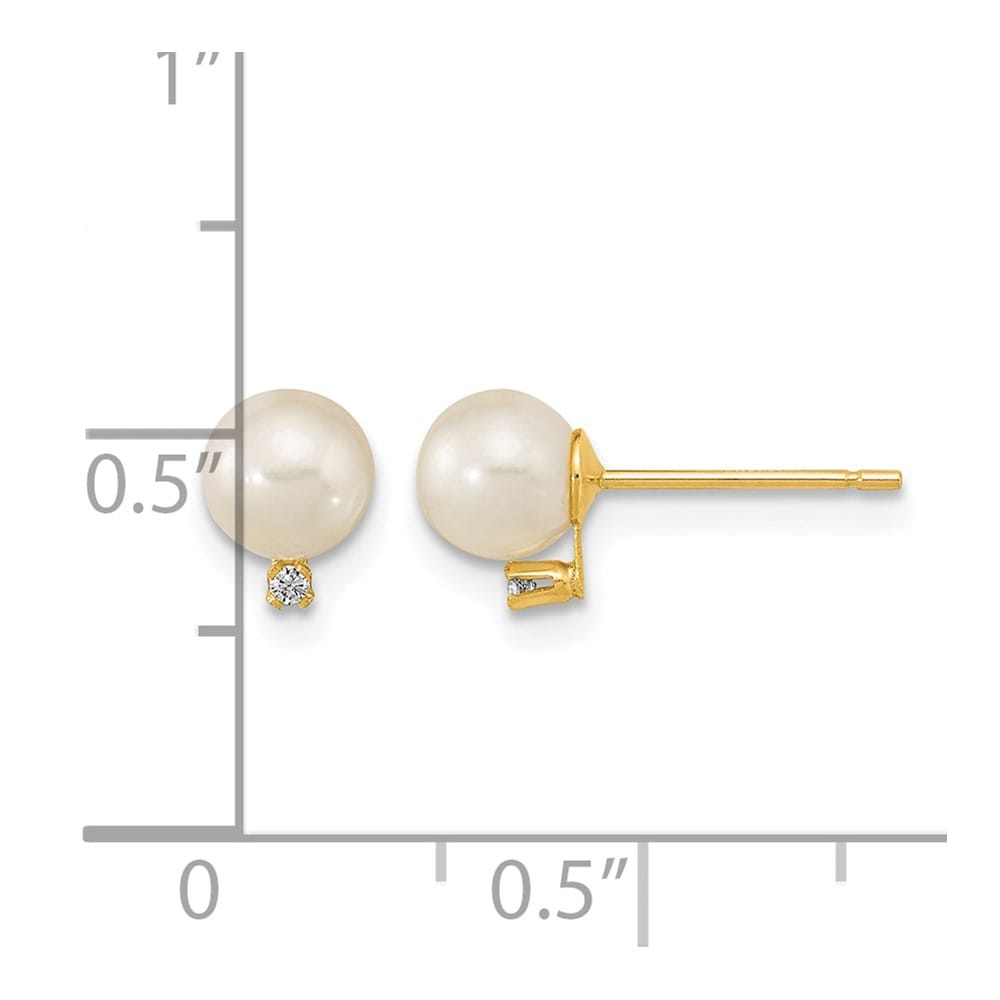 14K Yellow Gold 5-5.5mm White Round Freshwater Pearl and CZ Earrings