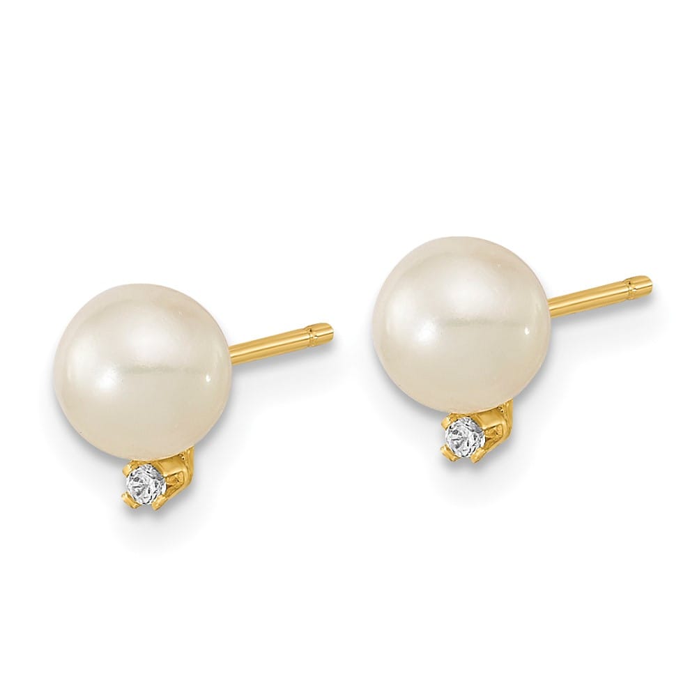 14K Yellow Gold 5-5.5mm White Round Freshwater Pearl and CZ Earrings