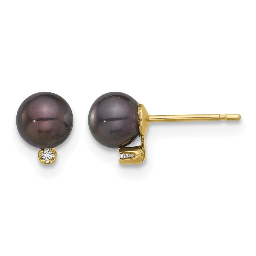 14K Yellow Gold 5-6mm Black Round Freshwater Pearl and .02 Earrings