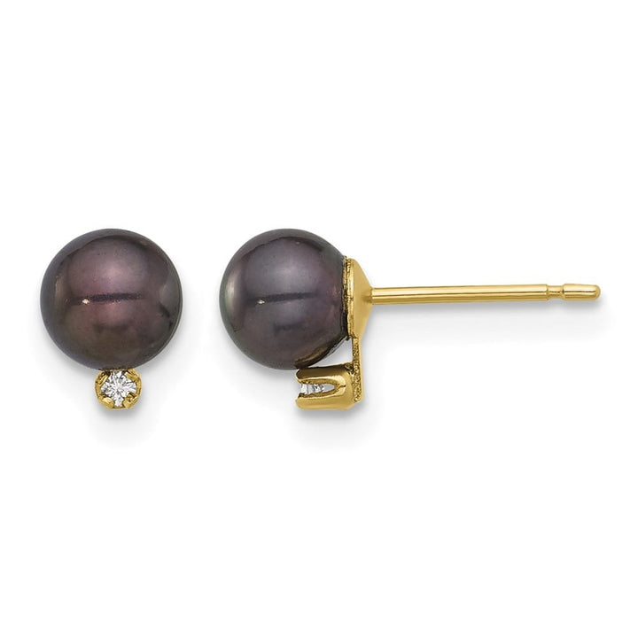 14K Yellow Gold 5-6mm Black Round Freshwater Pearl and .02 Earrings
