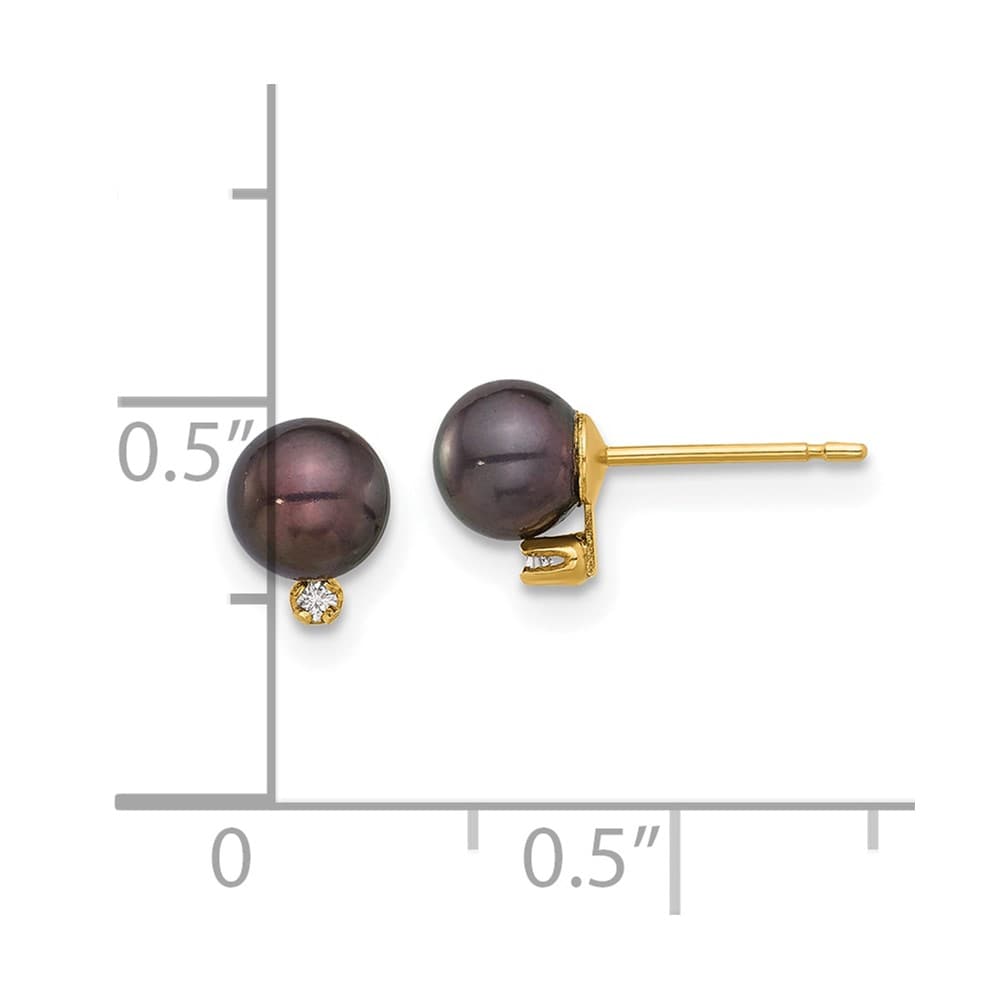 14K Yellow Gold 5-6mm Black Round Freshwater Pearl and .02 Earrings