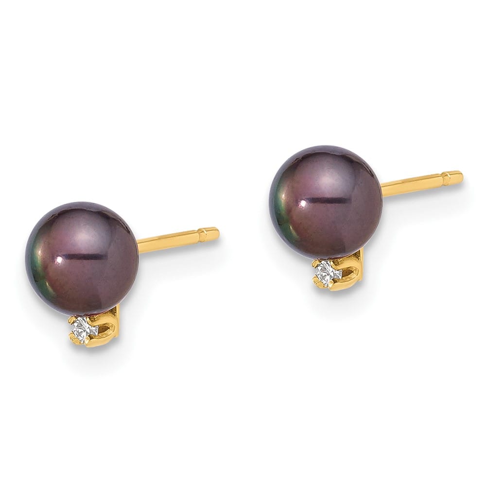 14K Yellow Gold 5-6mm Black Round Freshwater Pearl and .02 Earrings