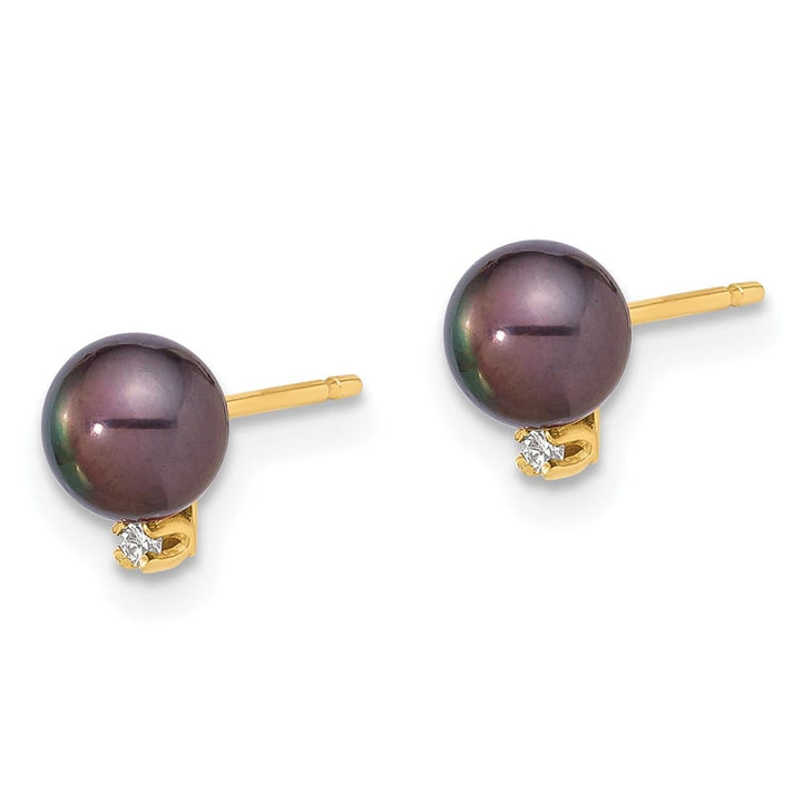 14K Yellow Gold 5-6mm Black Round Freshwater Pearl and .02 Earrings
