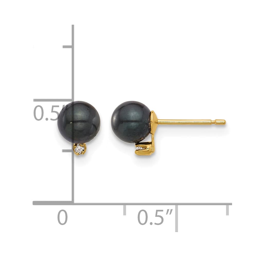 14K Yellow Gold 5-6mm Black Round Pearl Carat Diamond Post Earrings, view 4 of 4