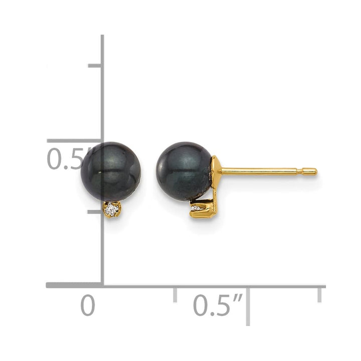 14K Yellow Gold 5-6mm Black Round Pearl Carat Diamond Post Earrings, view 4 of 4