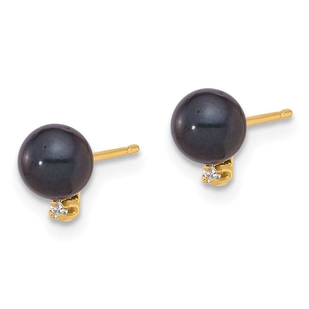 14K Yellow Gold 5-6mm Black Round Pearl Carat Diamond Post Earrings, view 2 of 4
