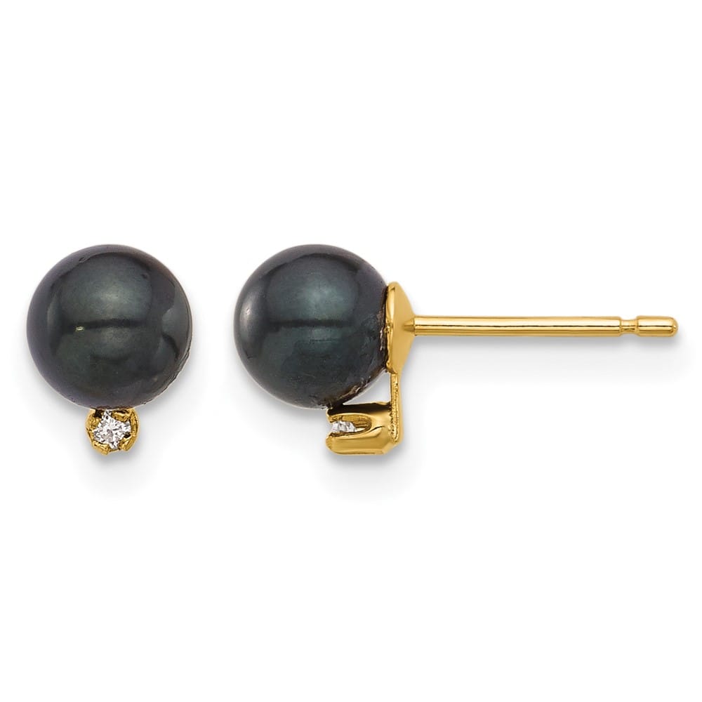 14K Yellow Gold 5-6mm Black Round Pearl Carat Diamond Post Earrings, view 1 of 4