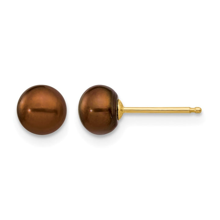 14K Yellow Gold 5-6mm Brown Button Freshwater Pearl Stud Post Earrings