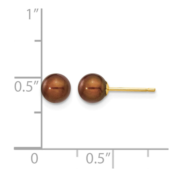14K Yellow Gold 5-6mm Brown Round Freshwater Pearl Stud Post Earrings, view 4 of 4