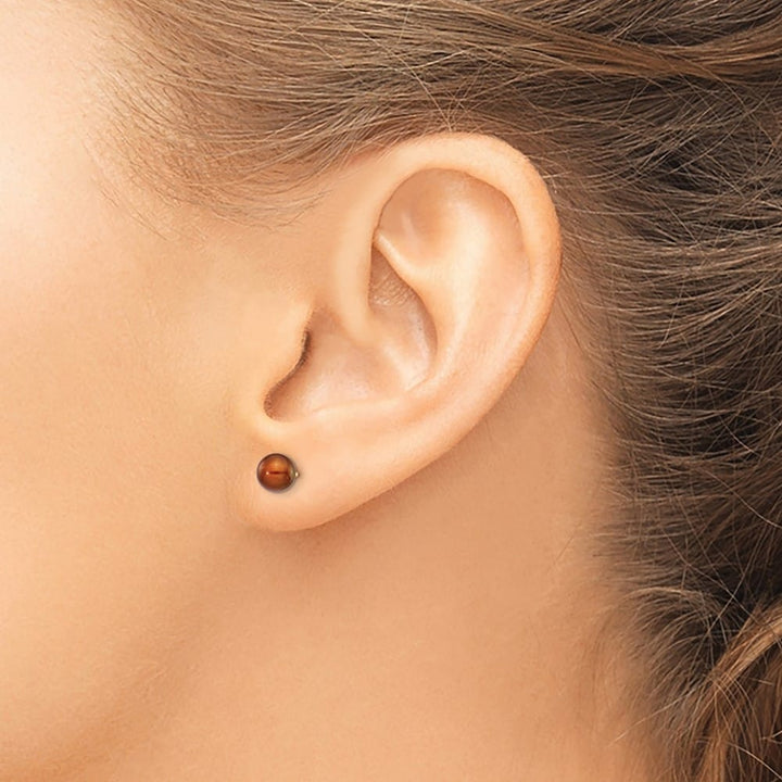 14K Yellow Gold 5-6mm Brown Round Freshwater Pearl Stud Post Earrings, view 3 of 4