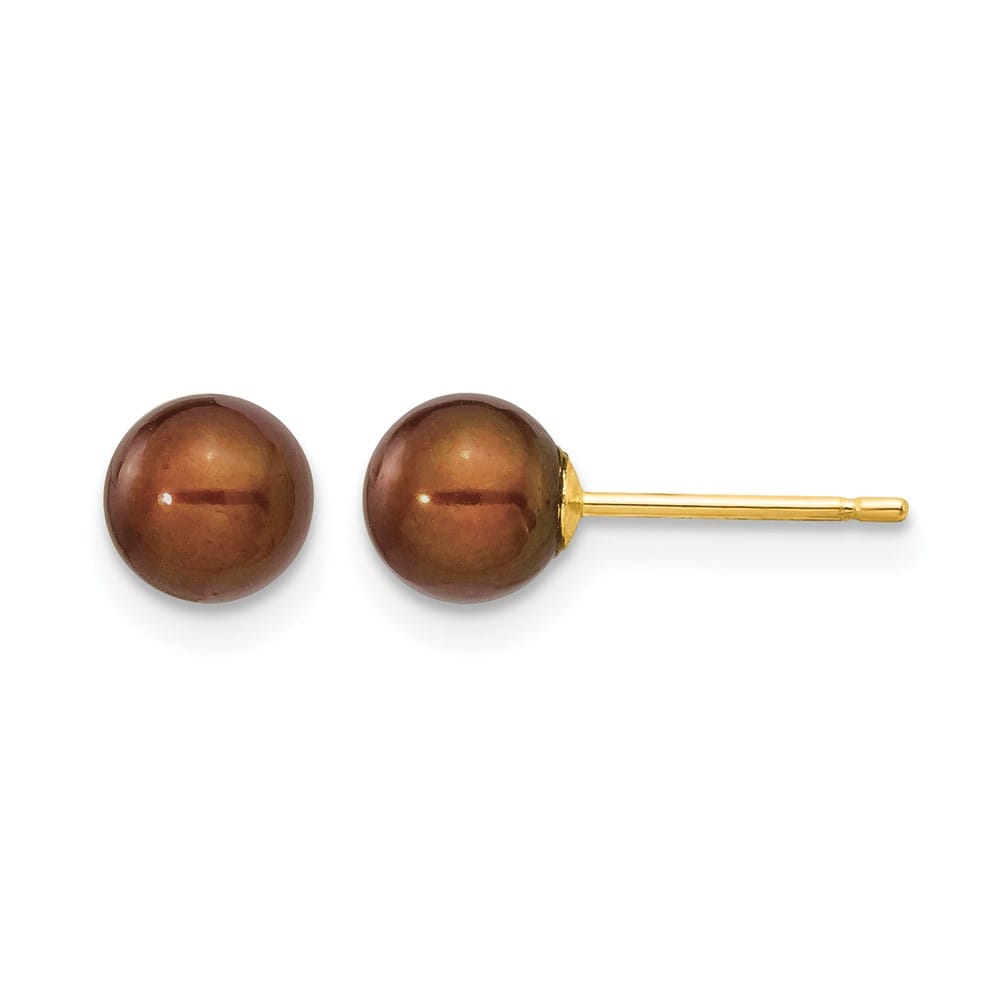 14K Yellow Gold 5-6mm Brown Round Freshwater Pearl Stud Post Earrings, view 1 of 4