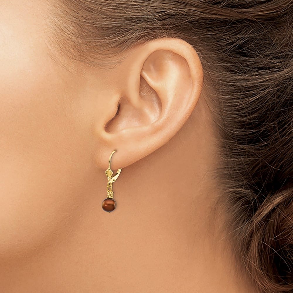 14K Yellow Gold 5-6mm Brown Semi-round Freshwater Pearl Earrings
