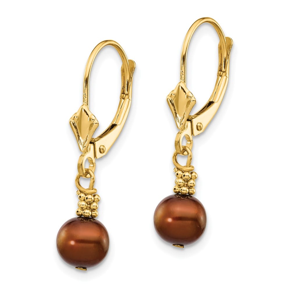 14K Yellow Gold 5-6mm Brown Semi-round Freshwater Pearl Earrings