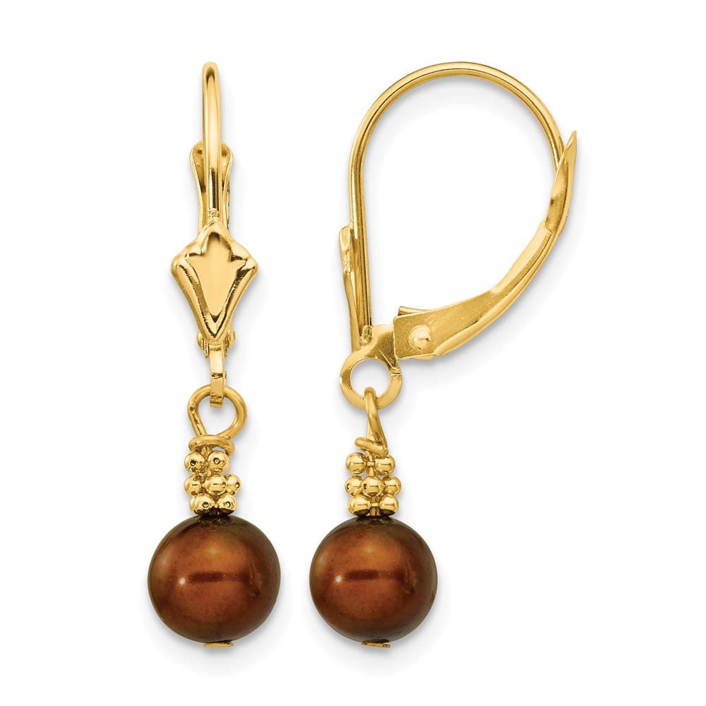 14K Yellow Gold 5-6mm Brown Semi-round Freshwater Pearl Earrings