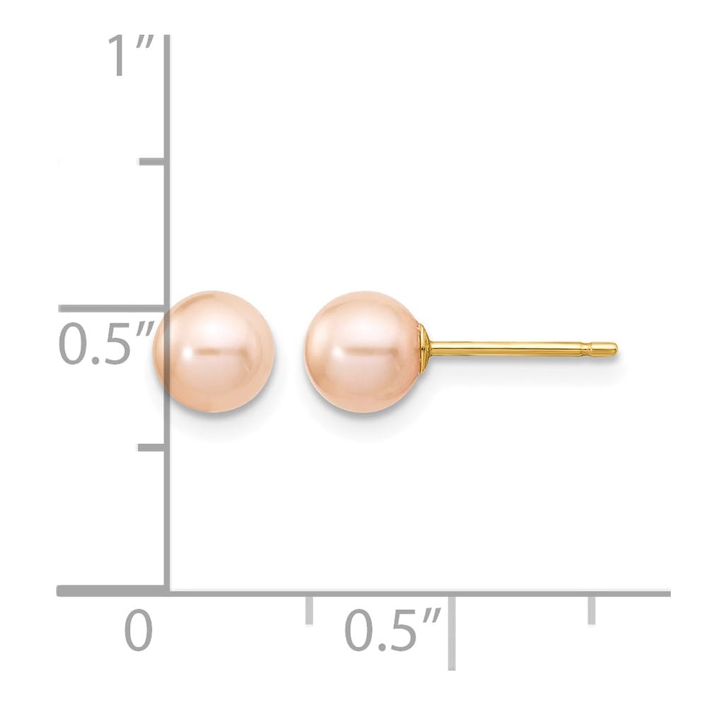 14K Yellow Gold 5-6mm Pink Round Freshwater Pearl Stud Post Earrings, view 4 of 4