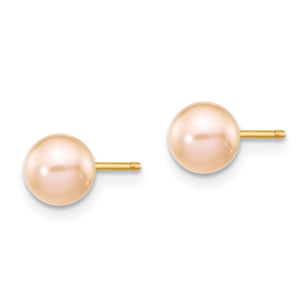 14K Yellow Gold 5-6mm Pink Round Freshwater Pearl Stud Post Earrings, view 2 of 4
