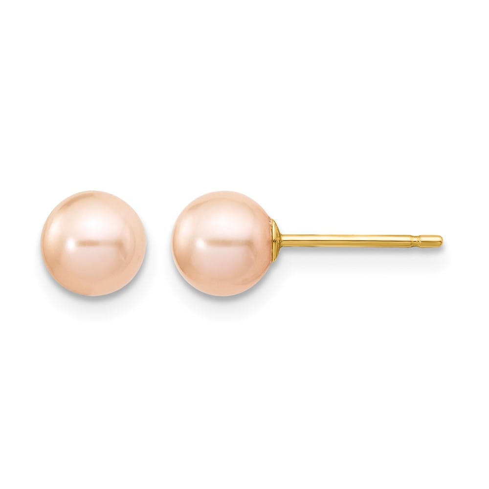 14K Yellow Gold 5-6mm Pink Round Freshwater Pearl Stud Post Earrings, view 1 of 4