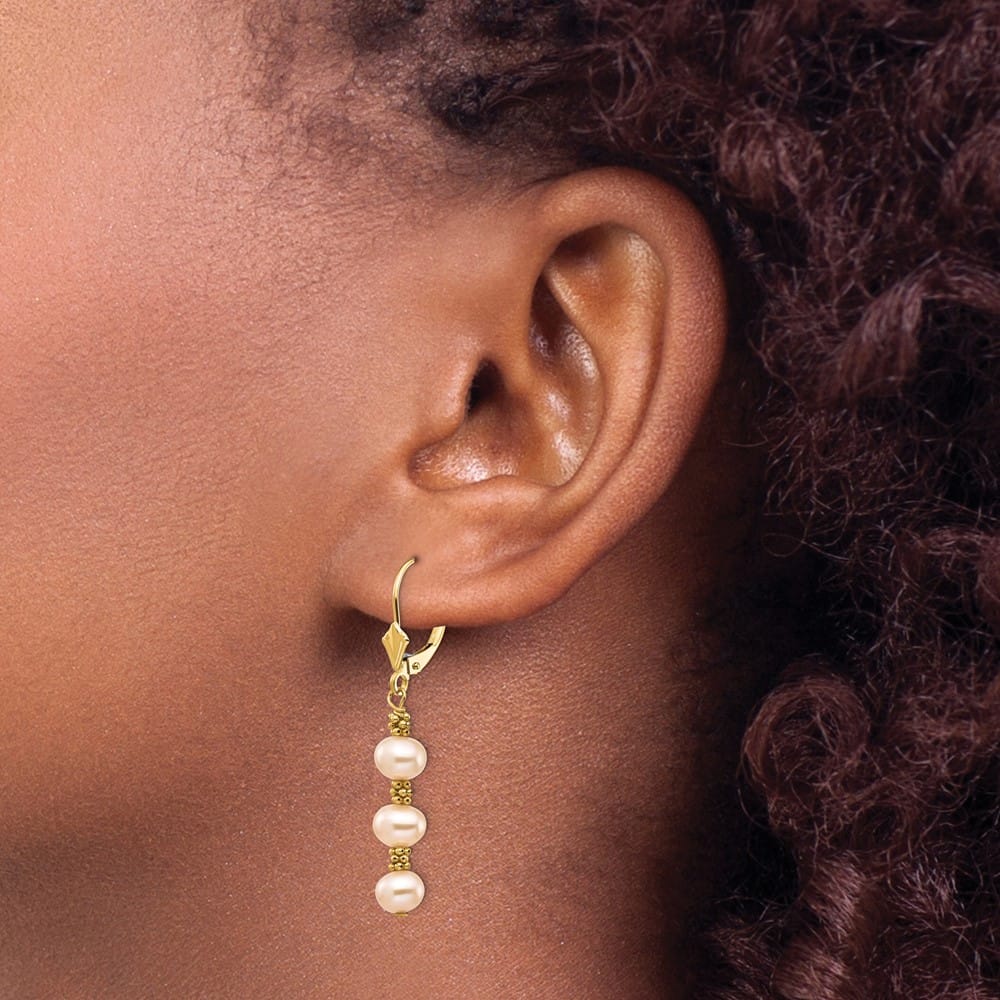 14K Yellow Gold 5-6mm Pink Semi-Round Freshwater Pearl Earrings