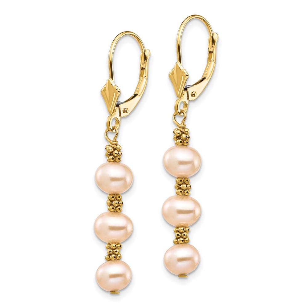 14K Yellow Gold 5-6mm Pink Semi-Round Freshwater Pearl Earrings