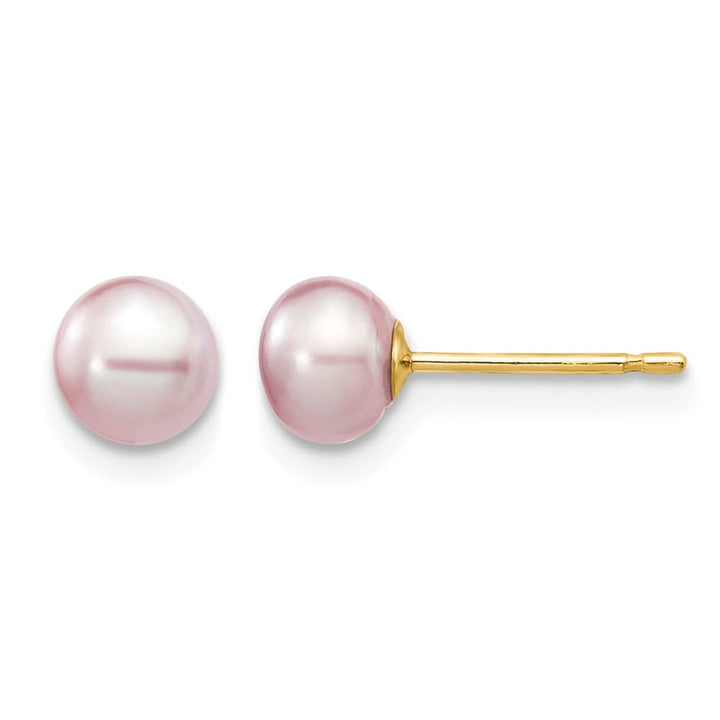 14K Yellow Gold 5-6mm Purple Button Freshwater Pearl Stud Earrings