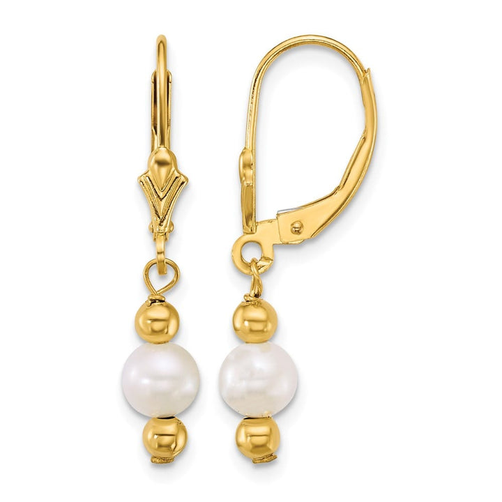14K Yellow Gold 5-6mm Round White Freshwater Pearl and Bead Earrings