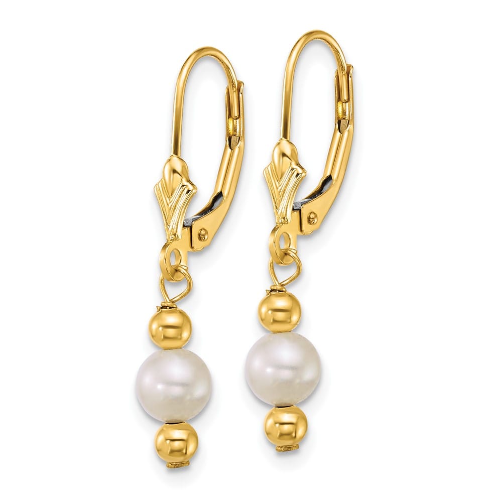 14K Yellow Gold 5-6mm Round White Freshwater Pearl and Bead Earrings