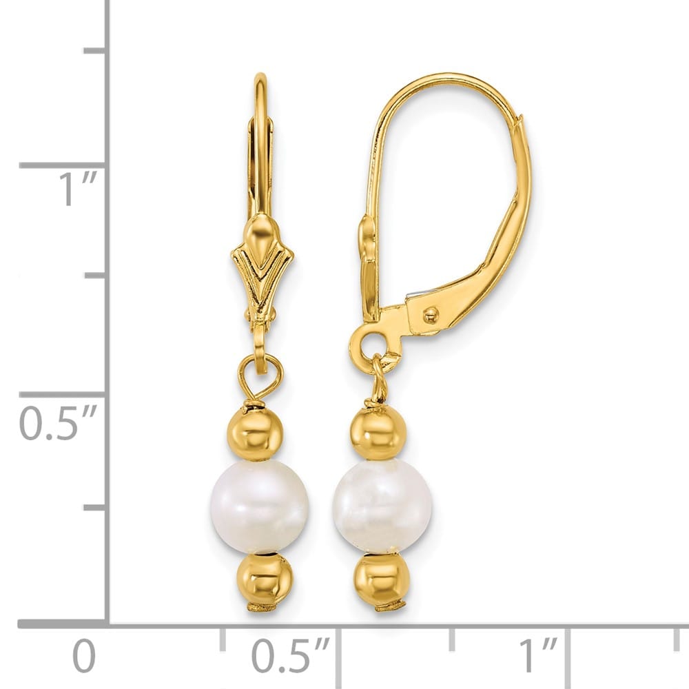 14K Yellow Gold 5-6mm Round White Freshwater Pearl and Bead Earrings