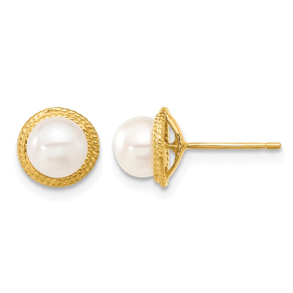 14K Yellow Gold 5-6mm White Button Freshwater Cultured Pearl Set