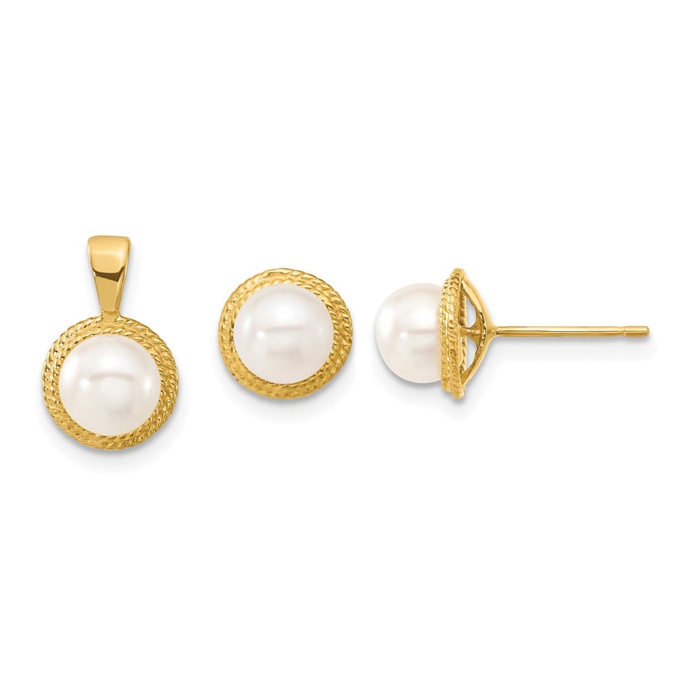 14K Yellow Gold 5-6mm White Button Freshwater Cultured Pearl Set
