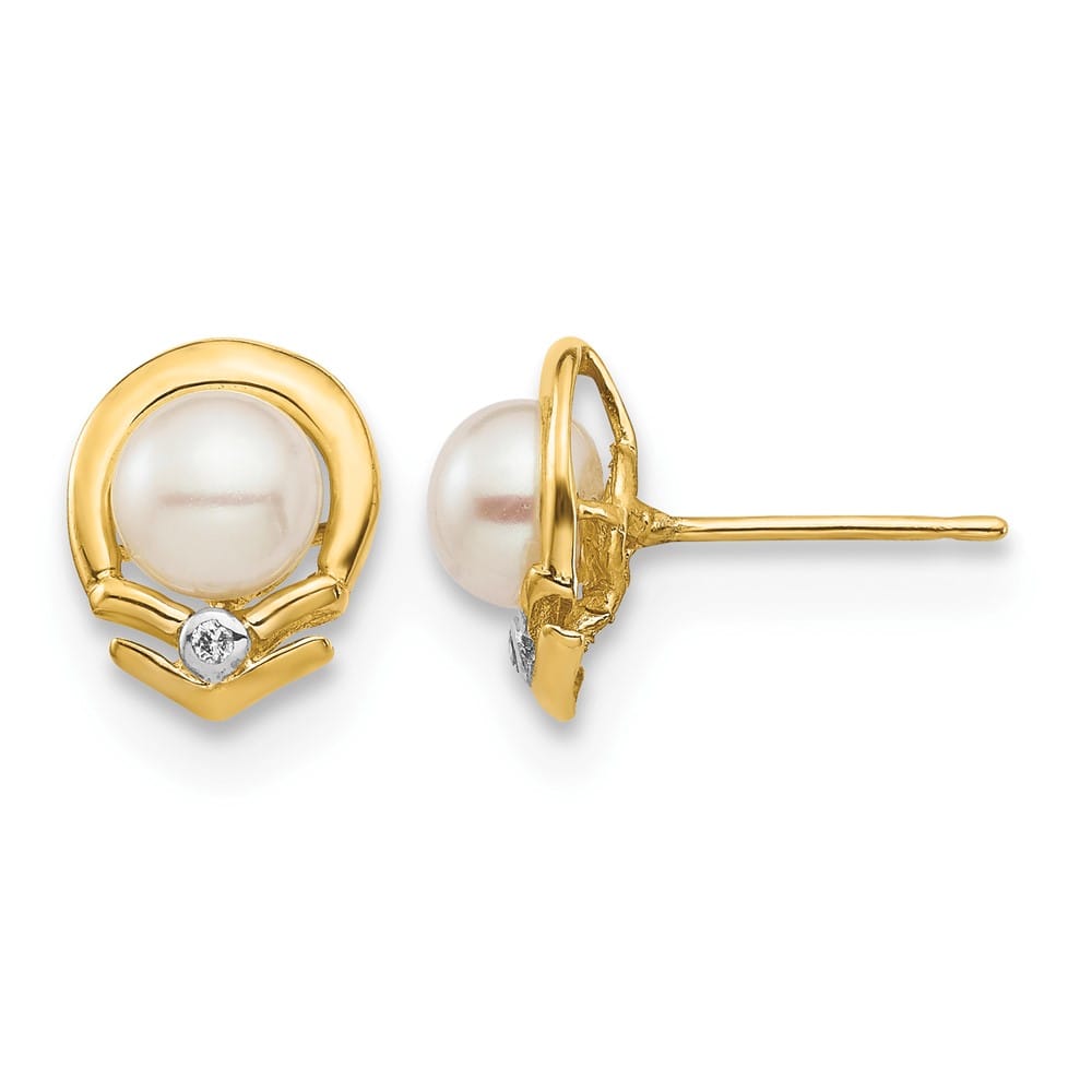 14K Yellow Gold 5-6mm White Button Freshwater Pearl and .02 Earrings