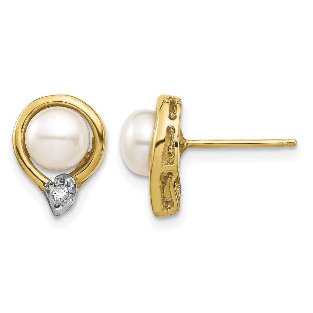 14K Yellow Gold 5-6mm White Button Freshwater Pearl and .02 Earrings