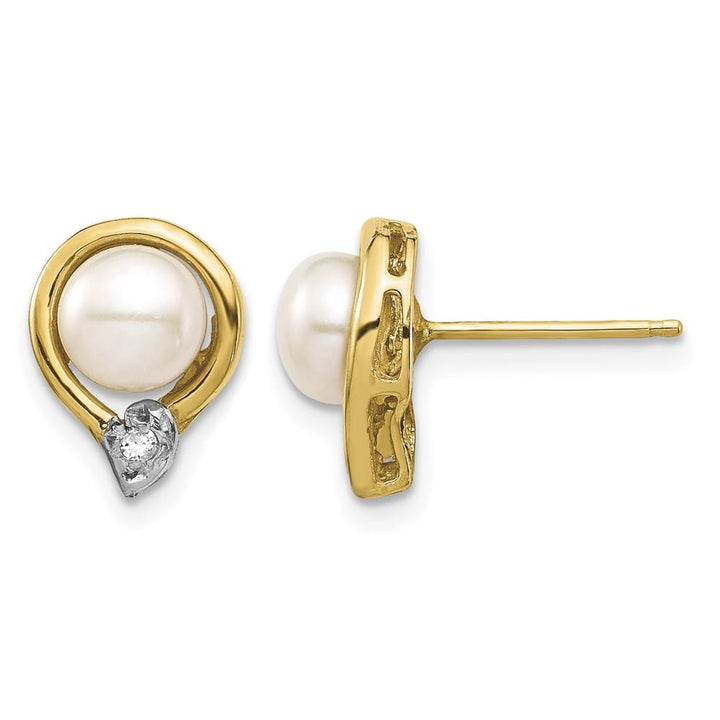 14K Yellow Gold 5-6mm White Button Freshwater Pearl and .02 Earrings