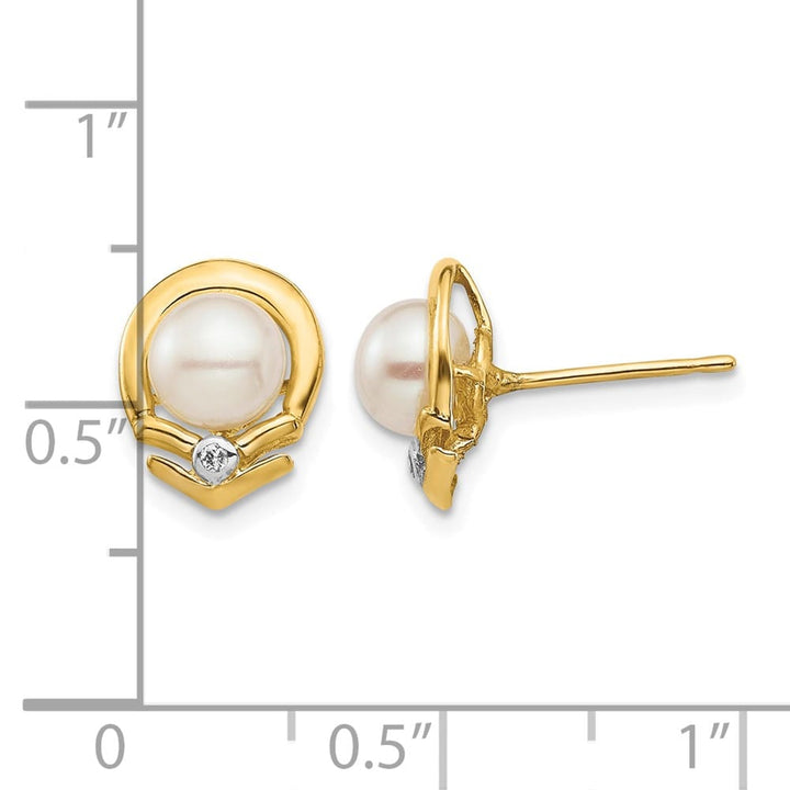 14K Yellow Gold 5-6mm White Button Freshwater Pearl and .02 Earrings