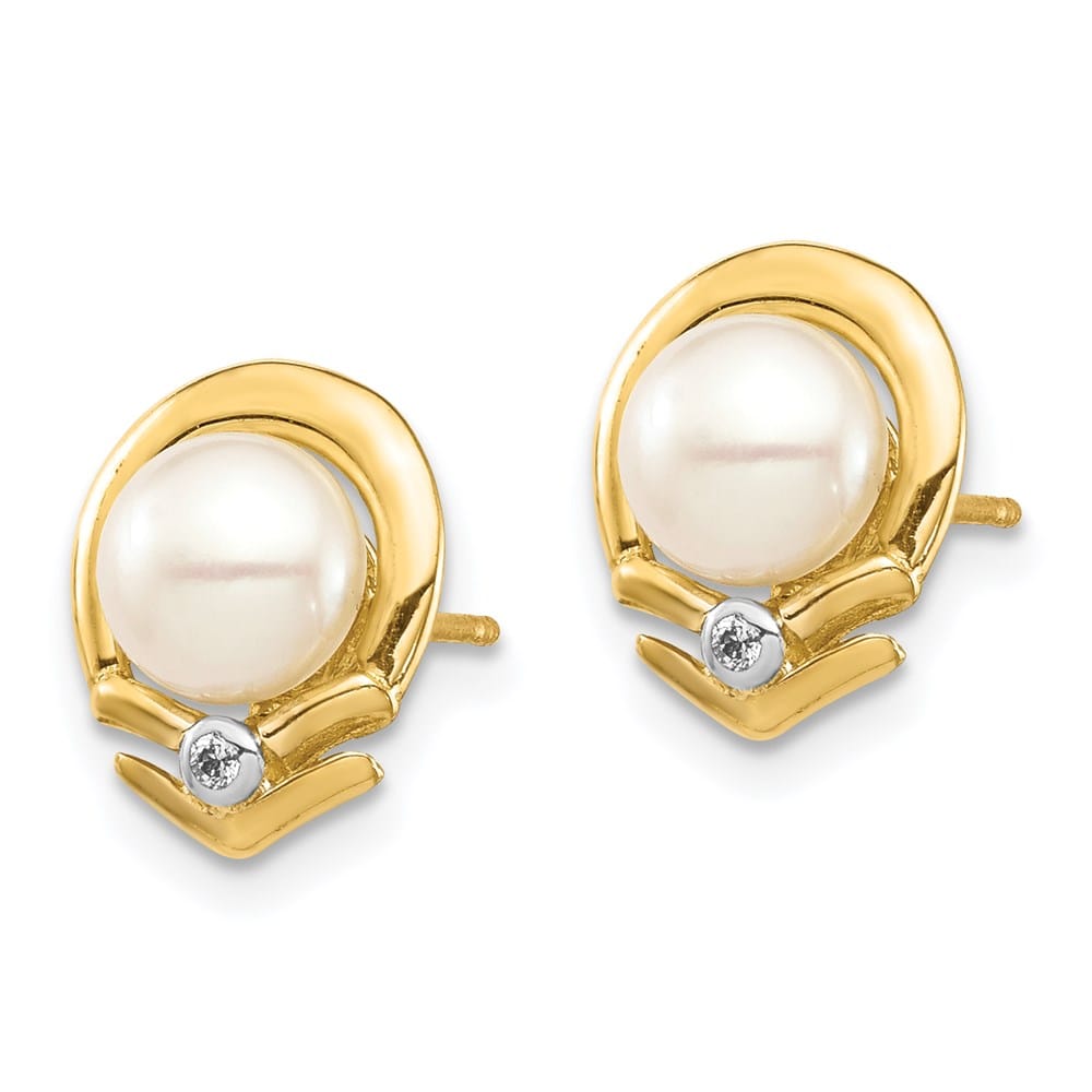 14K Yellow Gold 5-6mm White Button Freshwater Pearl and .02 Earrings