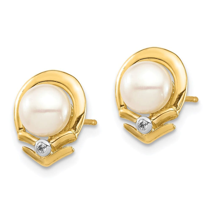 14K Yellow Gold 5-6mm White Button Freshwater Pearl and .02 Earrings