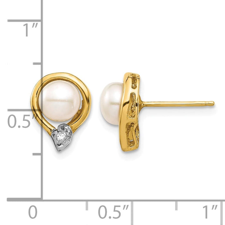 14K Yellow Gold 5-6mm White Button Freshwater Pearl and .02 Earrings