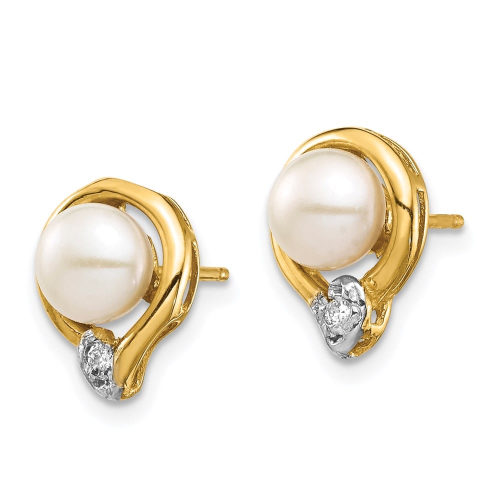 14K Yellow Gold 5-6mm White Button Freshwater Pearl and .02 Earrings