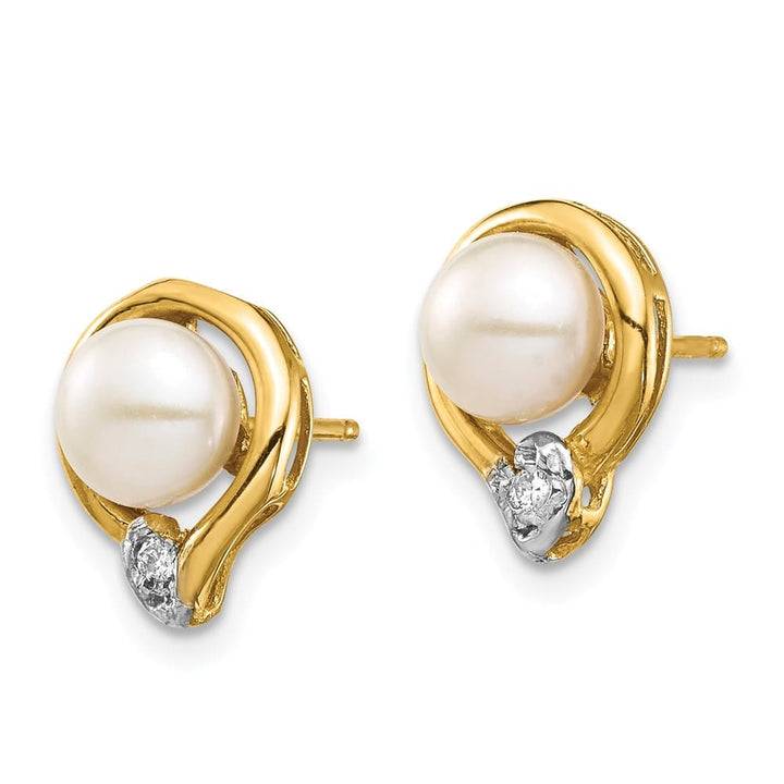 14K Yellow Gold 5-6mm White Button Freshwater Pearl and .02 Earrings