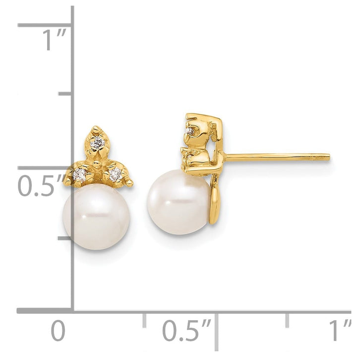 14K Yellow Gold 5-6mm White Button Freshwater Pearl and .06 Earrings