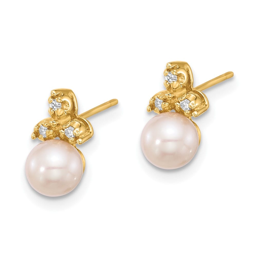 14K Yellow Gold 5-6mm White Button Freshwater Pearl and .06 Earrings