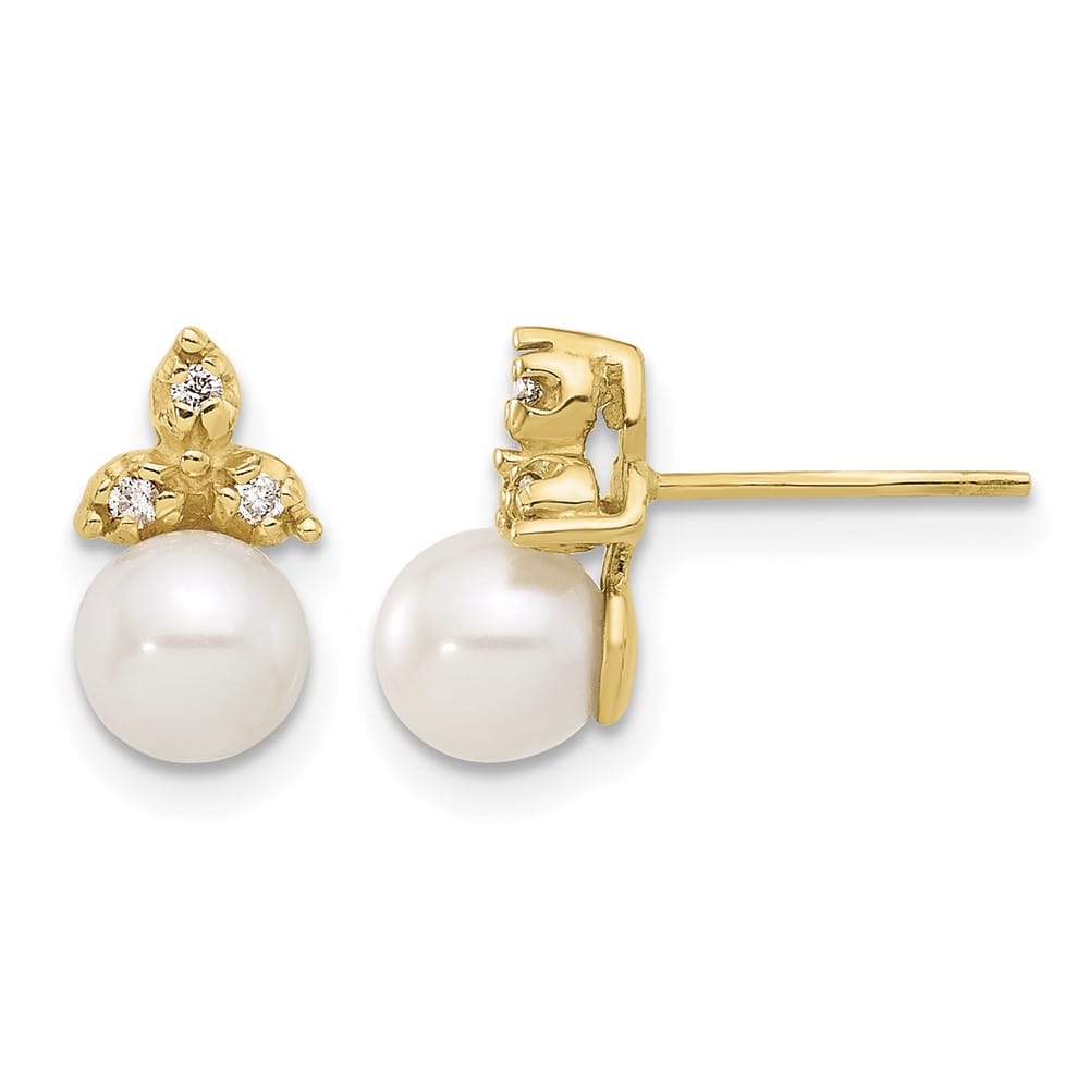 14K Yellow Gold 5-6mm White Button Freshwater Pearl and .06 Earrings