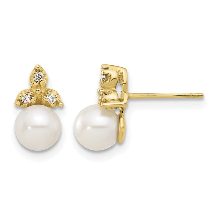 14K Yellow Gold 5-6mm White Button Freshwater Pearl and .06 Earrings