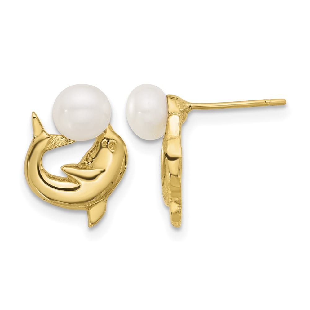 14K Yellow Gold 5-6mm White Button Freshwater Pearl Dolphin Earrings