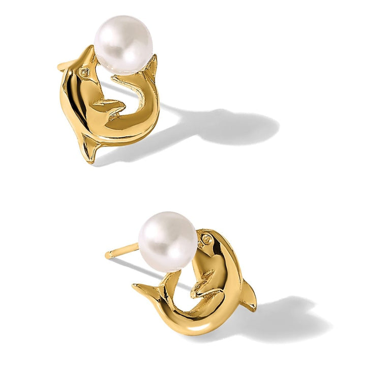 14K Yellow Gold 5-6mm White Button Freshwater Pearl Dolphin Earrings