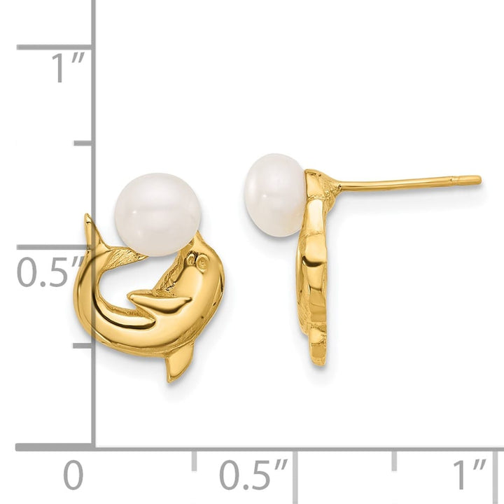 14K Yellow Gold 5-6mm White Button Freshwater Pearl Dolphin Earrings